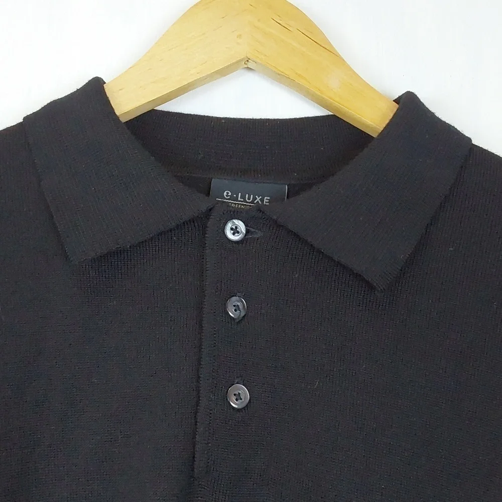 E-Luxe Evergreen |Mens Polo Black Wool Button Sweater Luxury Collar Preppy Sz.XL